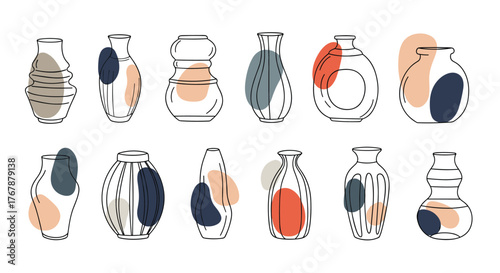 Artistic collection of decorative vases with abstract colorful shapes, isolated on a white background, minimal design illustration.