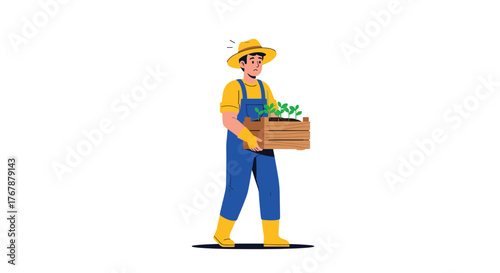 Concerned young farmer in overalls and a straw hat carrying a wooden crate of green plant seedlings.