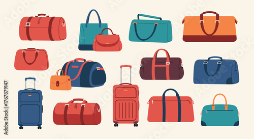 Diverse collection of luggage, including duffel bags, tote bags, rolling suitcases, and handbags, ready for travel and various adventures.