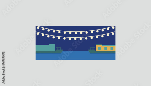 A serene canal illuminated by string lights with houseboats moored along the banks blending urban living with a touch of tranquility and charm.