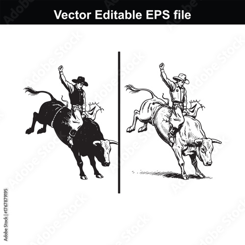Bull rider in action, rodeo cowboy on bucking bull, silhouette and line art