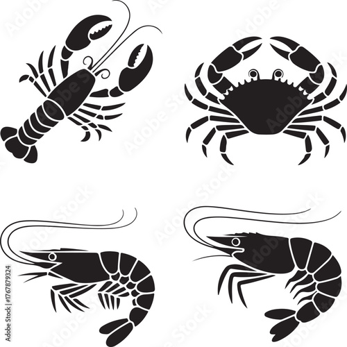 Black silhouette seafood collection lobster crab shrimp prawns vector