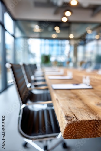 Close-up of rustic wooden conference table in bright corporate office with blurred chairs and notepads, symbolizing teamwork and modern business collaboration