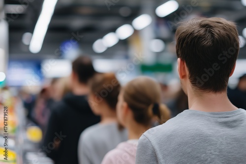 Blurred image of customers standing in line, emphasizing the concept of waiting or retail congestion
