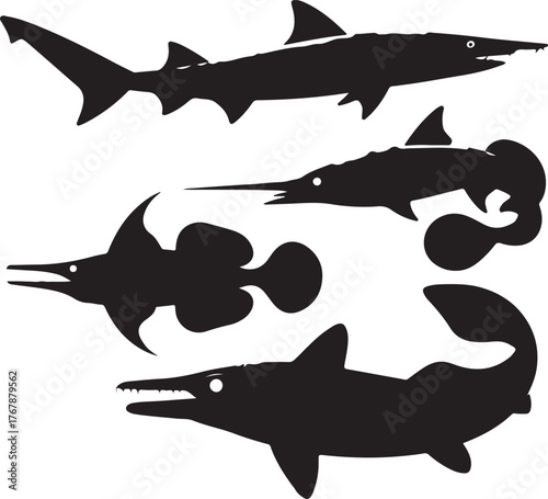 Five black silhouette prehistoric marine reptiles and fish vector