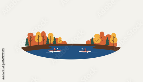 A serene lake surrounded by autumn foliage with kayakers gliding across the water and the crisp air filled with the scent of pine and earth.