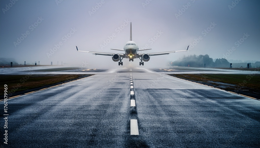 Fototapeta premium commercial jet airplane taking off from airport runway in foggy weather
