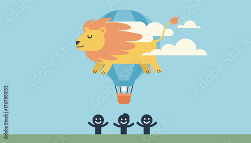 A whimsical balloon shaped like a giant animal soaring in the sky drawing smiles from onlookers below.