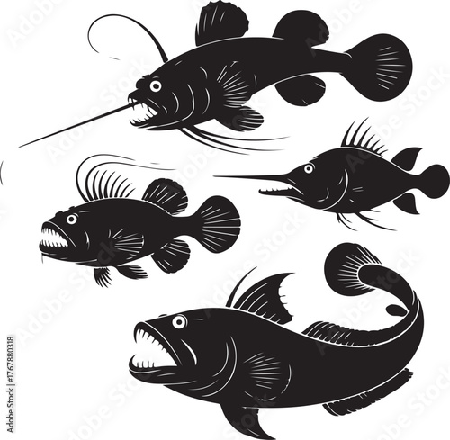 Four Black Silhouette Deep Sea Angler Fish Illustrations deep sea fish black and white