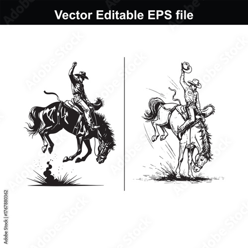 Two cowboys riding bucking horses in a rodeo