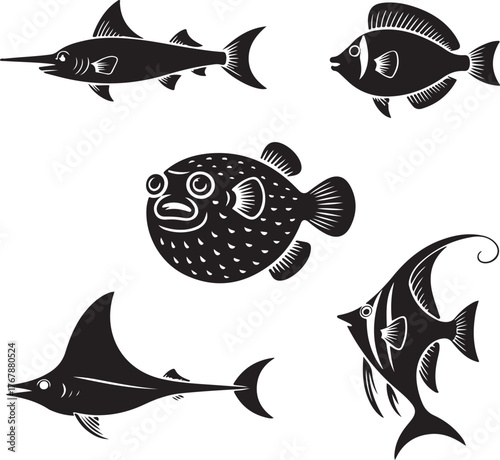 Five black silhouette fish including swordfish pufferfish angelfish and ray white background