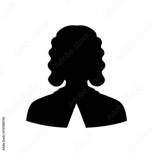 Silhouette of a person with wavy hair and a collared top, black and white