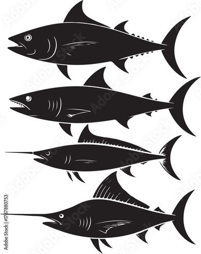 Four Black Silhouette Fish Tuna Marlin Swordfish Ocean Sea white background