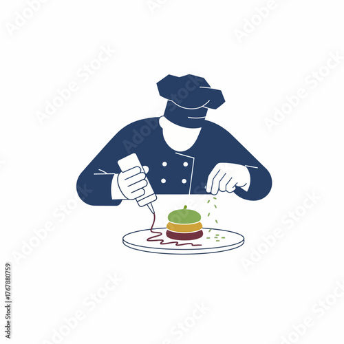 A person carefully plating a gourmet dish focusing on presentation with a drizzle of sauce and a sprinkle of herbs.