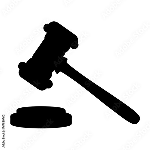Black silhouette of a gavel and striking block over white background