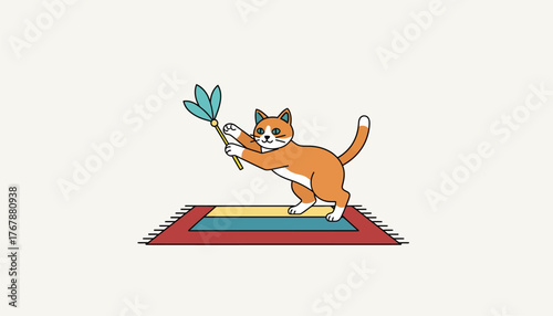 A scene of a cat playing with a feather toy paws swatting at it energetically against a colorful rug.