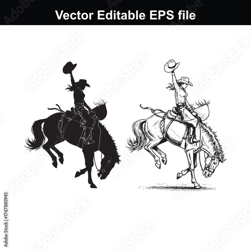 Silhouette and line art of a cowboy riding a bucking bronco