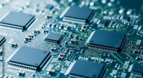 Wallpaper Mural Close up macro view of a complex electronic circuit board with many integrated circuits and components Torontodigital.ca