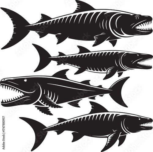 Four black silhouette predatory fish with sharp teeth and fins white background