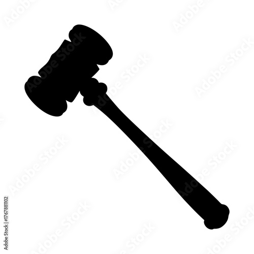A bold black silhouette of a gavel against a bright white background