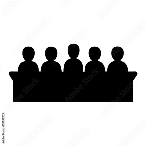 Five people seated at a long table, presented in black silhouette