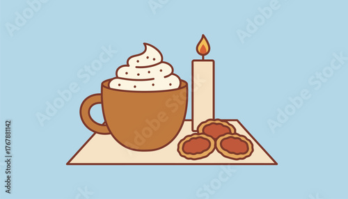 A warm cup of hot chocolate topped with whipped cream and a sprinkle of cinnamon resting on a table next to a flickering candle and cookies.