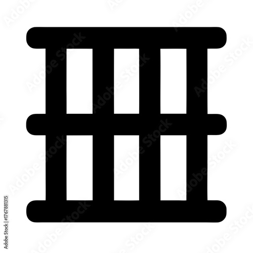 Stylized black and white illustration of prison bars or a cage symbol