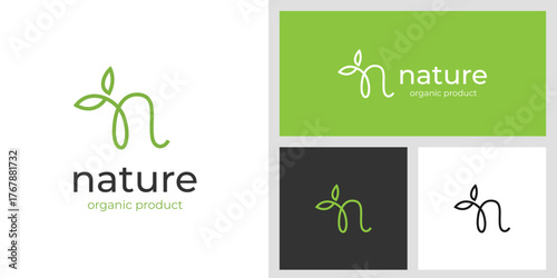 Letter N Nature Logo Design with Green Leaf Line Art Symbol and Organic Eco Graphic Concept for Wellness, Botanical, and Natural Product Brand Identity