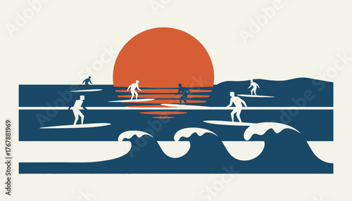 A vibrant sunset reflecting off calm ocean waves as surfers prepare to catch the last waves of the day.