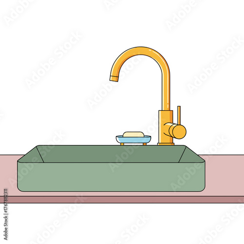 Sink with yellow faucet and soap dish on countertop  