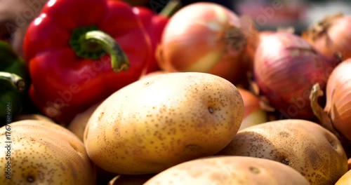 Fresh vegetables including potatoes, onions, and bell peppers at a market
