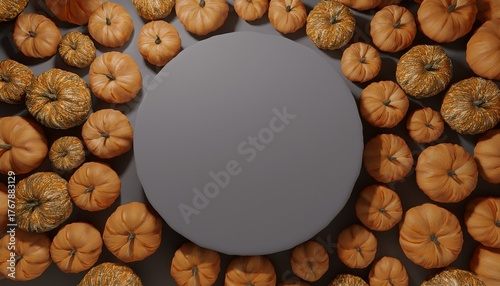 plein de citrouilles autour d un podium gris vus de dessus rendu 3d