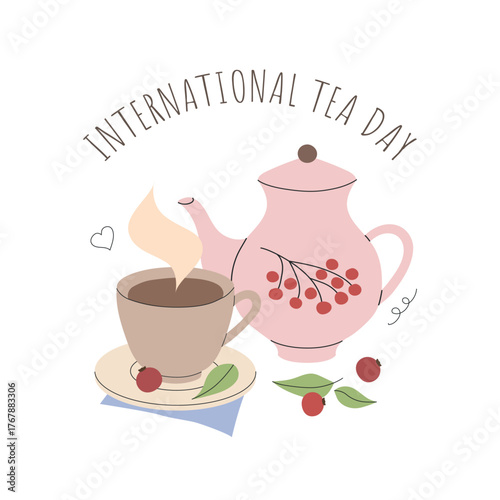 Hand drawn illustration for International Tea Day with teapot and teacup with fresh mint leaves and berries. Vector design for tea brands, cafes and cultural celebrations.