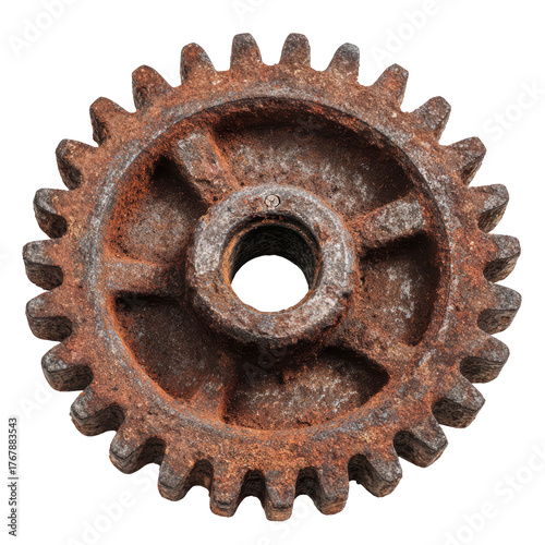A heavily rusted old metal gear wheel with worn teeth isolated against a solid , isolated on transparent background, perfect cutout, PNG