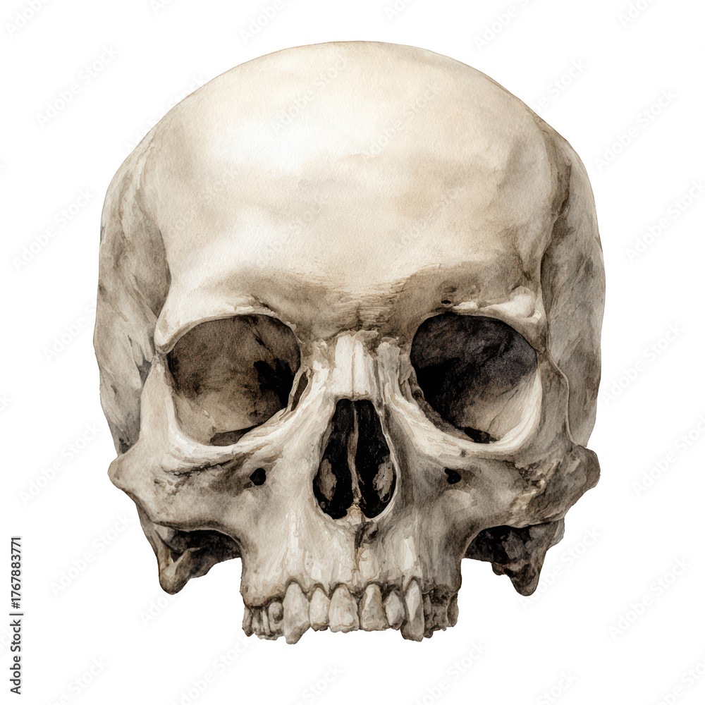 Obraz premium A realistic watercolor painting of a human skull facing forward isolated on a solid , isolated on transparent background, perfect cutout, PNG