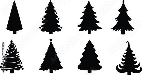 Christmas tree silhouettes, festive holiday icons, black vector trees, seasonal decoration elements, winter graphic design, ornament shapes, minimalist style