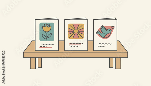 A series of homemade greeting cards displayed on a wooden table featuring unique stamped designs and handwritten messages.