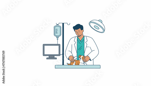 A veterinarian examining a small puppy on an examination table surrounded by medical equipment.