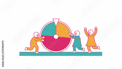 A whimsical game of chance displayed with a brightly colored spinner surrounded by excited participants taking turns and cheering on each other.