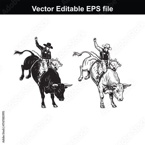 Silhouette and sketch of a cowboy riding a bucking bull with a lasso