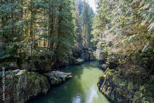 Wild mountain river in the forest park at Capilano River park, North Vancouver, BC, Canada