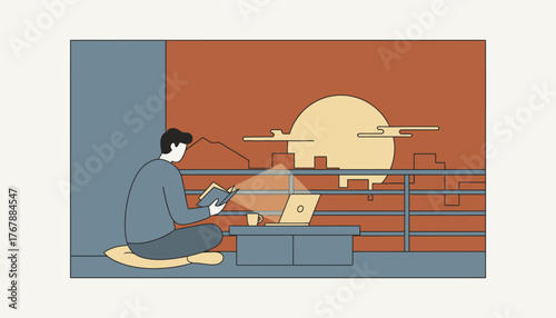 A sunset view from a balcony where a digital nomad reflects on their days achievements while jotting down thoughts in a journal.
