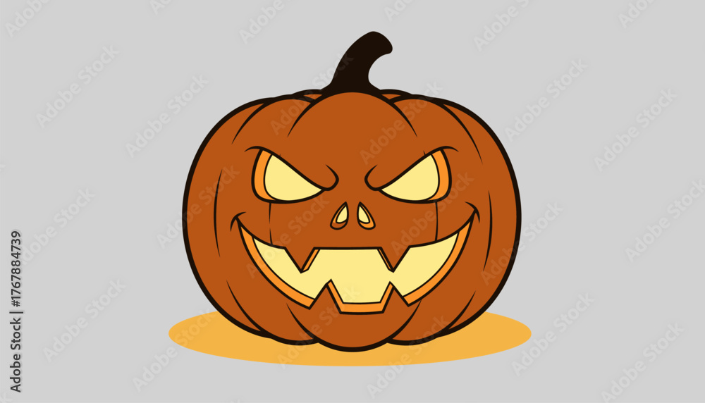 Fototapeta premium A sinister face carved into an enormous pumpkin lit from within casting a flickering glow over the surrounding ground.