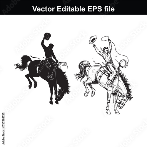 Silhouette and line art of a cowboy tipping his hat while riding a bucking horse