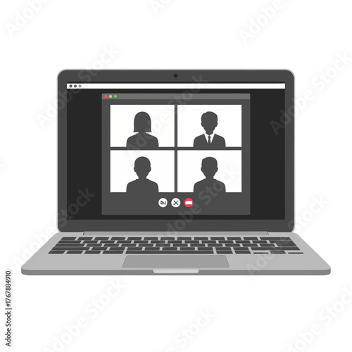A modern grey laptop computer displaying a four-person online video conference meeting on its screen.
