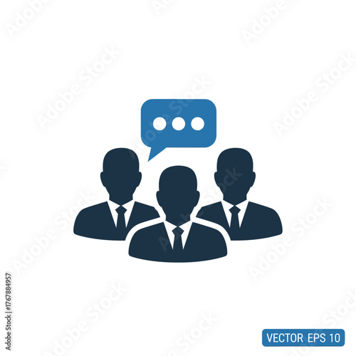 Blue flat icon of a business team in suits communicating with a speech bubble overhead.