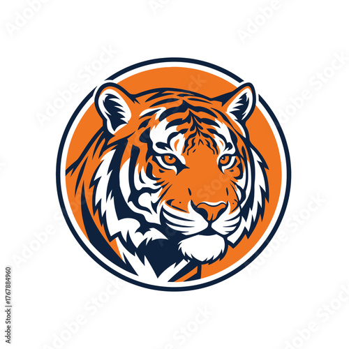 Bold circular tiger head mascot logo with orange fur, black stripes, and an intense, focused gaze.