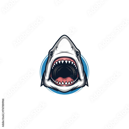 Cartoon Shark Head with Open Mouth and Sharp Teeth, Blue Circle Background.