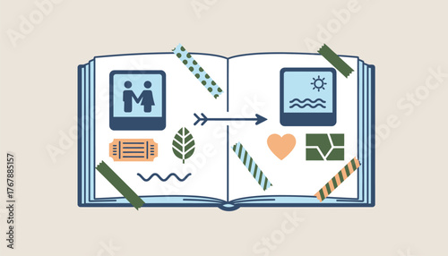 A personal scrapbook filled with photographs mementos and decorative washi tape showcasing a timeline of memories.