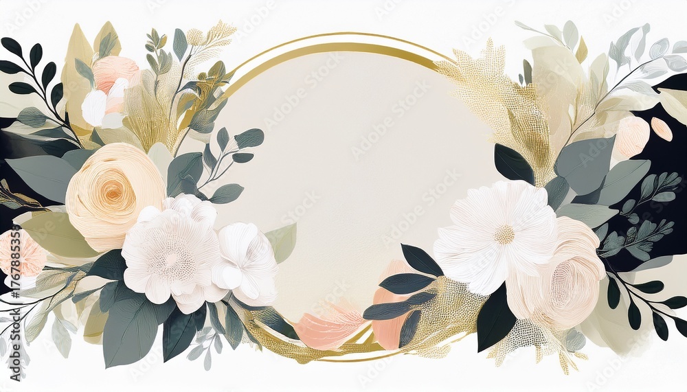 Obraz premium spring floral bouquet white cream pastel watercolor corner banner elegant round frame